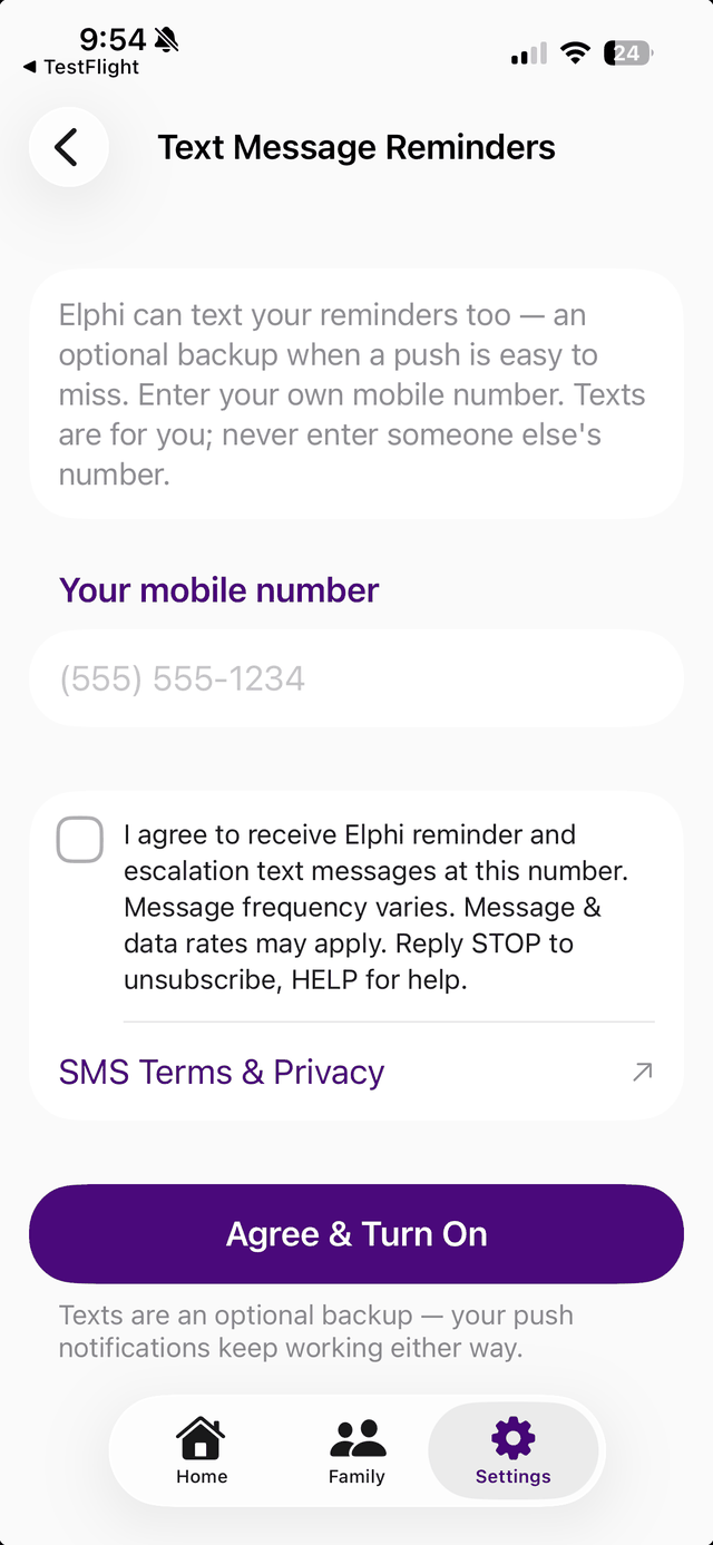 Elphi in-app SMS consent screen: the user enters their own mobile number and checks an unchecked-by-default consent box before tapping Agree & Turn On.