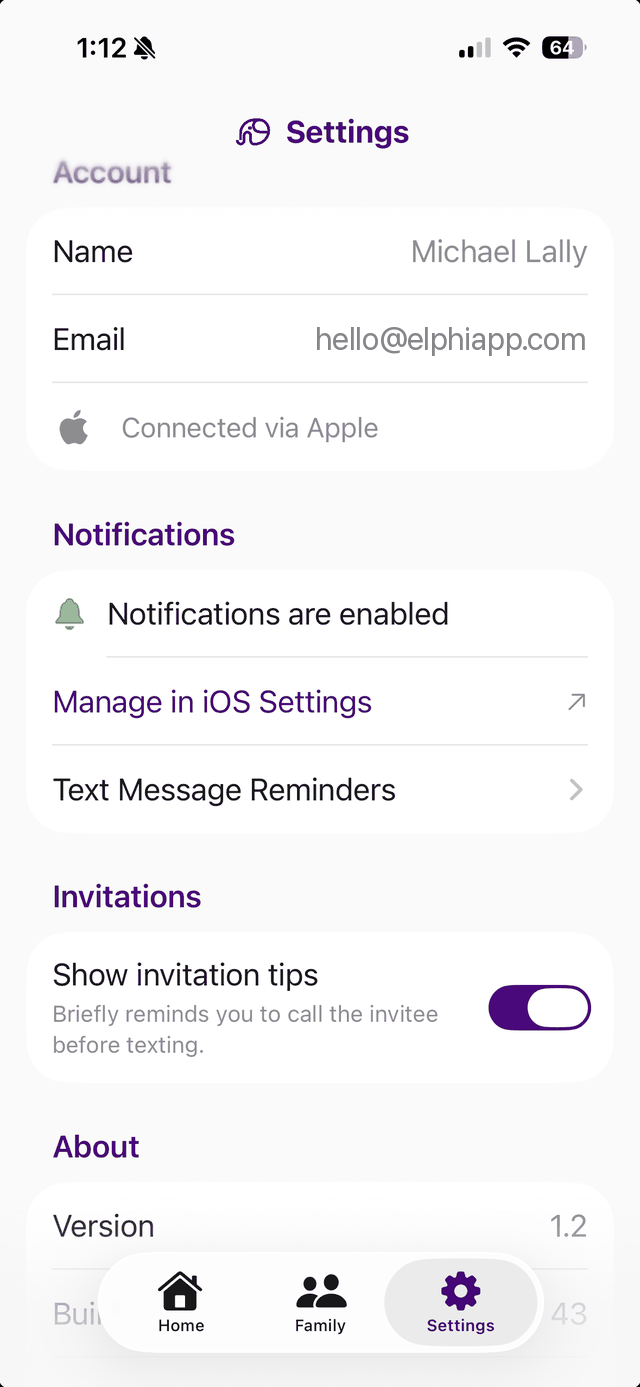 Elphi Settings screen with the Text Message Reminders row under Notifications.